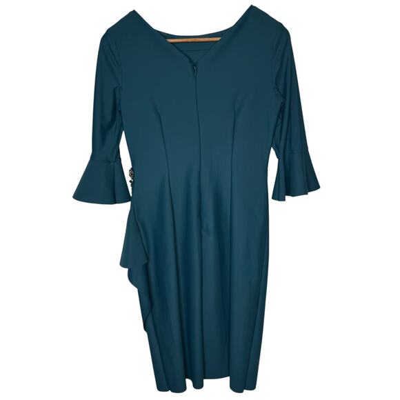 Alex Evenings Scuba Compression 3/4 Sleeve Ruffle Sheath Dress Teal size 2 - Picture 5 of 7